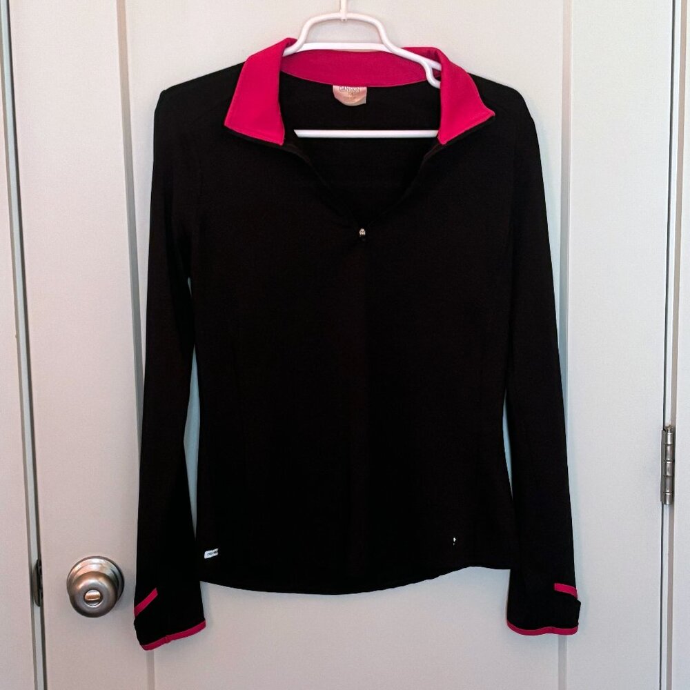 DANSKIN NOW Athletic Half Zip Long Sleeve Shirt, Black/Pink, Small